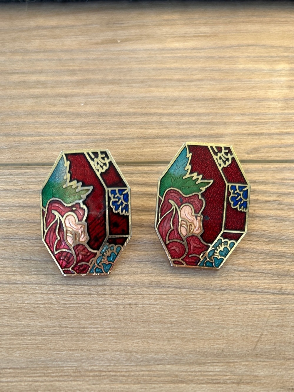 Red Floral Cloisonné Drop Earrings with Blue and Green Accents